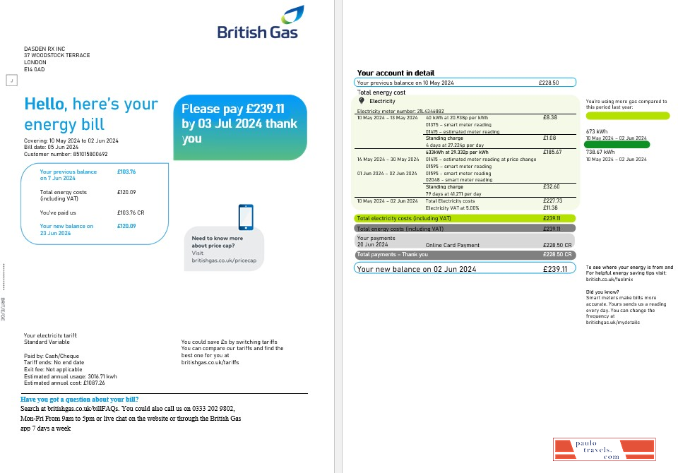 United Kingdom British Gas business utility bill, Word and PDF template, 2 pages PSD template